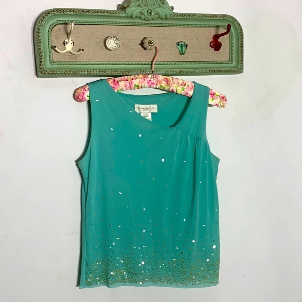 Susan Bristol aqua mesh sleeveless sequin top petite medium
